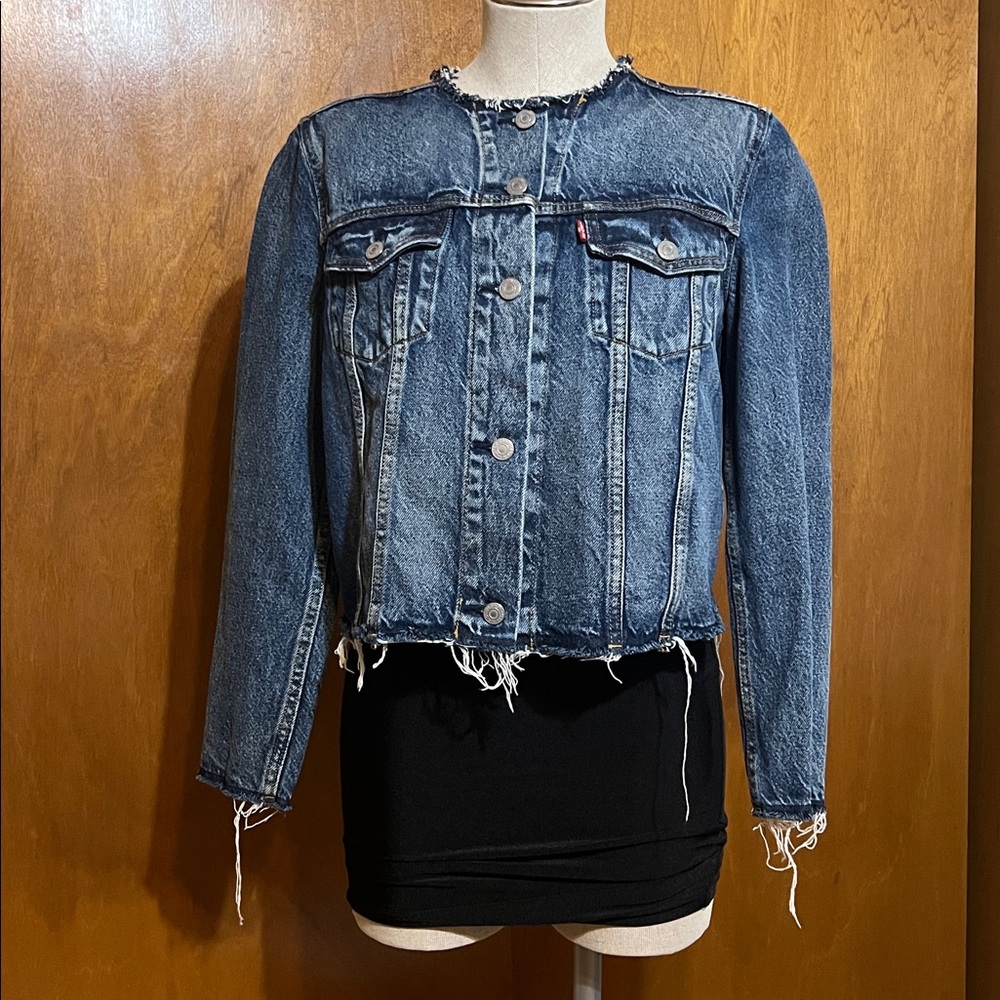 Levi's Blue Collarless Denim Jean Jacket with Frayed Edges